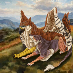 1:1 2024 ambiguous_feral ambiguous_gender avian beak black_wings blue_eyes brown_body brown_fur canid canine cloud dated day duo feathered_wings feathers feral fur grass grey_body grey_eyes grey_fur gryphon hi_res leg_wings lying mammal mouth_closed msdeadsoul mythological_avian mythological_creature mythology narrowed_eyes on_front orange_body orange_fur outside plant signature sky tail tail_tuft tuft unusual_wing_placement white_body white_fur white_wings wings 