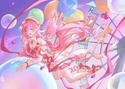  balloon bare_shoulders breasts cleavage commentary diamond-shaped_pupils diamond_(shape) dress elysia_(honkai_impact) female ferris_wheel hand_up hashtag-only_commentary hat highres honkai_(series) honkai_impact_3rd index_finger_raised long_hair lucas_(lucasng29949052) medium_breasts official_alternate_costume open_mouth petals pink_hair pink_shoes pointy_ears purple_eyes shoes smile solo symbol-shaped_pupils thighhighs thighs very_long_hair white_dress white_hat white_thighhighs 