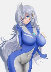  absurdres blue_bodysuit blue_eyes blue_gloves blue_hair bodysuit breasts collarbone color_timer colored_eyelashes commentary commentary_typo contrapposto covered_navel cowboy_shot crossed_bangs curled_fingers dated dorsal_fin drop_shadow female film_grain floating_hair genderswap_(mtf) gloves groin hair_between_eyes headgear highres humanization large_breasts leaning_forward legs_together long_hair looking_at_viewer multicolored_bodysuit parted_lips rule_63 signature silver_bodysuit simple_background skin_tight smile solo tokusatsu two-tone_bodysuit ultra_series ultraman_cosmos ultraman_cosmos_(luna_mode) ultraman_cosmos_(series) white_background wide_hips yi_(user_jwth4284) 