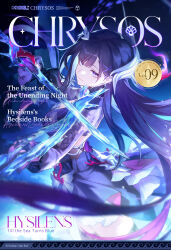  alternate_language asymmetrical_gloves black_gloves black_hair black_thighhighs blue_dress blunt_bangs breasts bubble character_name cleavage closed_mouth commentary dress earrings english_commentary english_text female gloves hair_ornament highres holding holding_sword holding_weapon honkai:_star_rail honkai_(series) hysilens_(honkai:_star_rail) jewelry long_hair long_sleeves looking_at_viewer mismatched_gloves multicolored_hair official_art red_gloves smile sword thighhighs very_long_hair weapon 