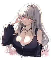 absurdres bare_shoulders black_jacket breasts cleavage clothing_cutout cropped_torso ear_piercing female grey_hair half-heart_hands heart highres jacket jewelry long_hair looking_at_viewer necklace original piercing pink_eyes sana_(sanamaru_0w0) shirt shoulder_cutout signature solo upper_body white_background white_shirt 