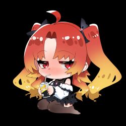  ahoge black_background black_bow black_bowtie black_skirt blonde_hair blush bow bowtie can chibi drinking_straw ear_piercing earrings female gradient_hair hairbow heart highres hinokami_hikone holding holding_can indie_virtual_youtuber jewelry kneeling long_hair multicolored_hair piercing red_eyes red_hair shirt skirt solo sui_hi_sf thighhighs twintails virtual_youtuber white_shirt 