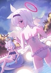  2girls absurdres arona_(blue_archive) ass bikini black_bikini blue_archive blue_hair chokkon colored_inner_hair commentary english_commentary frilled_bikini frills hairband halo highres long_hair looking_back multicolored_hair multiple_girls plana_(blue_archive) swimsuit white_bikini 
