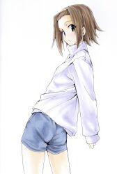  alternate_costume ass bangs_pinned_back blue_shorts brown_eyes brown_hair cowboy_shot female from_behind gradient_background hairband highres k-on! long_sleeves looking_at_viewer looking_back shiki_59 short_hair shorts solo sweater tainaka_ritsu white_background white_hairband white_sweater 