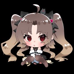  ahoge black_background black_bow black_bowtie black_skirt blush bow bowtie cat_hair_ornament chibi clothing_cutout ear_piercing earrings female gradient_hair grey_hair hair_ornament hairbow highres hinokami_hikone indie_virtual_youtuber jewelry long_hair multicolored_hair piercing pink_brooch red_eyes second-party_source shirt shoulder_cutout skirt solo sui_hi_sf thighhighs white_shirt 