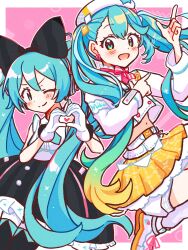  2girls aoiyui aqua_eyes aqua_hair aqua_nails belt beret black_bow black_skirt black_thighhighs blonde_hair blush bow closed_mouth cropped_jacket dot_nose dual_persona gloves gradient_hair hairbow hat hatsune_miku heart heart_hands highres index_finger_raised jacket long_sleeves looking_at_another looking_at_viewer magical_mirai_(vocaloid) magical_mirai_miku magical_mirai_miku_(2024) multicolored_hair multiple_girls navel number_earrings official_alternate_costume official_alternate_hairstyle one_eye_closed open_mouth pleated_skirt shirt shoes skirt smile thighhighs vocaloid white_belt white_gloves white_hat white_jacket white_shirt white_shoes yellow_skirt 