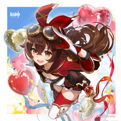  absurdres amber_(100_outrider)_(genshin_impact) amber_(genshin_impact) balloon breasts brown_eyes brown_hair crossed_bangs female genshin_impact gloves goggles goggles_around_neck hair_between_eyes hairband heart_balloon highres long_hair long_sleeves official_alternate_costume official_art open_mouth red_ribbon ribbon shorts smile thighhighs vision_(genshin_impact) 
