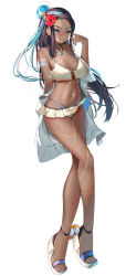  absurdres arm_behind_back arm_tattoo bare_shoulders bikini bikini_skirt black_hair blue_bikini blue_eyes blue_hair blush breasts chains cleavage closed_mouth collarbone dark-skinned_female dark_skin earrings eyeshadow female flower gold_chain hair_bun hair_flower hair_ornament highres hoop_earrings jacket jewelry large_breasts light_smile long_hair looking_at_viewer makeup momdy_(talesshinja) multicolored_hair navel necklace nessa_(pokemon) open_clothes open_jacket platform_sandals pokemon pokemon_swsh sandals simple_background single_hair_bun solo stomach swimsuit tattoo two-tone_hair white_background white_bikini white_jacket 