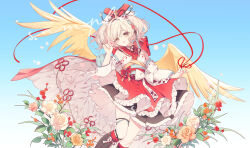  bare_shoulders black_skirt blonde_hair blue_background bow brown_eyes cheeselate detached_sleeves feathered_wings feet_out_of_frame female flower frilled_skirt frills gradient_background hair_ornament hand_up highres japanese_clothes kimono long_sleeves looking_at_viewer obi red_bow red_flower resplendent_phoenix_(shadowverse) rose sample_watermark sash shadowverse skirt smile solo twintails watermark white_sleeves wide_sleeves wings yellow_flower 