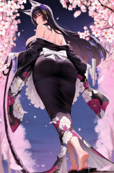  absurdres animal_ears ass azur_lane bare_shoulders blush cherry_blossoms female floral_print flower folding_fan fox_ears fox_girl from_behind full_body gloves hair_ornament hand_fan highres holding holding_fan holding_rope japanese_clothes kiek_qaq long_hair long_sleeves looking_at_viewer looking_back musashi_(azur_lane) musashi_(violet_moonglow)_(azur_lane) nail_polish off_shoulder official_alternate_costume purple_hair purple_nails rope sandals smile soles solo standing white_gloves wide_sleeves yellow_eyes 