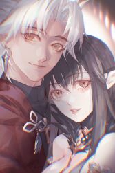  1boy absurdres amakusa_shirou_(fate) artist_request black_hair breasts brown_eyes chinese_commentary cleavage commentary_request commission cross cross_necklace dark-skinned_male dark_skin earrings fate/apocrypha fate/grand_order fate_(series) female fur_trim highres jewelry latin_cross long_hair looking_at_viewer necklace open_mouth orange_eyes pointy_ears second-party_source semiramis_(fate) shirt smile upper_body white_hair 