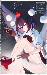  absurdres black_bow black_bowtie black_gloves black_hair black_skirt blush bow bowtie camera closed_mouth collared_shirt crossed_bangs feathers female geta gloves hat highres holding holding_camera k4ja0002 knees_up looking_at_viewer on_ground pink_eyes pom_pom_(clothes) puffy_short_sleeves puffy_sleeves red_hat red_shoes shameimaru_aya shirt shoes short_hair short_sleeves sitting skirt smile solo tengu-geta thighs tokin_hat touhou w white_shirt 
