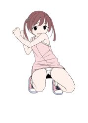  bare_shoulders brown_hair dress female full_body highres original panties pantyshot pop_(electromagneticwave) sleeveless solo squatting twintails underwear white_panties 