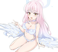  arm_support bikini blue_archive blunt_bangs blush breasts cleavage frilled_bikini frills halo highres iicecall large_pectorals long_hair looking_at_viewer low_wings mika_(blue_archive) mika_(swimsuit)_(blue_archive) open_mouth pectorals pink_hair sitting swimsuit v wariza white_bikini white_wings wings yellow_eyes 