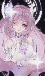 ;) bare_shoulders black_background breasts cyrene_(honkai:_star_rail) diamond-shaped_pupils diamond_(shape) dress female flower hair_flower hair_ornament halo hashtag-only_commentary highres honkai:_star_rail honkai_(series) long_hair medium_breasts multicolored_hair one_eye_closed pink_hair pointy_ears purple_eyes smile solo sui_ojin symbol-shaped_pupils two-tone_hair upper_body very_long_hair white_dress white_hair 