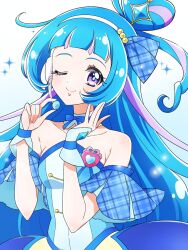  aokaze_nana armpit_crease bare_shoulders blue_hair breasts closed_mouth cure_wink dress female headphones highres idol idol_clothes idol_heart_brooch kagami_chihiro kimi_to_idol_precure long_hair looking_at_viewer medium_breasts multicolored_hair one_eye_closed plaid_clothes plaid_ribbon plaid_sleeves precure purple_eyes purple_hair ribbon short_sleeves smile solo strapless strapless_dress white_background 