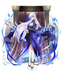  absurdres azur_lane bare_shoulders belfast_(azur_lane) belfast_(the_noble_attendant)_(azur_lane) black_shoes blue_butterfly braid breasts bug butterfly champagne_flute cleavage cocktail_dress column criss-cross_halter cup dress drinking_glass elbow_gloves evening_gown female full_body gloves half_up_braid halter_dress halterneck highres large_breasts long_hair looking_at_viewer official_alternate_costume pillar purple_eyes purple_gloves shoes solo standing variant_set very_long_hair white_hair zecond 