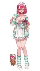  absurdres aqua_jacket aqua_socks bow_hairband breasts chest_bow cleavage commentary_request cosplay cross-laced_clothes cross-laced_sleeves dress empire_waist female frilled_dress frilled_thigh_strap frills full_body hairband hand_up heterochromia highres holding holding_stuffed_toy hololive houshou_marine jacket large_breasts looking_at_viewer loungewear multicolored_jacket off_shoulder open_mouth red_eyes red_hair rum_raisin_(chihiromakita19) shiranui_flare shiranui_flare_(cosplay) shiranui_flare_(loungewear) short_dress simple_background sleeves_past_wrists slippers socks solo striped_clothes striped_jacket striped_socks stuffed_animal stuffed_toy teddy_bear thigh_strap two-tone_jacket two-tone_socks virtual_youtuber white_background white_dress white_hairband yellow_eyes 