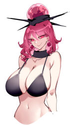  alternate_costume bikini black_bikini breasts closed_mouth commentary cropped_torso earrings female hecatia_lapislazuli highres jewelry large_breasts long_hair looking_at_viewer navel raptor7 red_eyes simple_background smile solo stomach swimsuit symbol-only_commentary touhou underworld_(ornament) white_background 