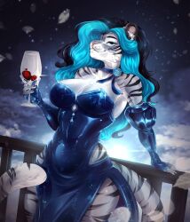  absurd_res alcohol anthro armwear balcony beverage black_hair blue_clothing blue_dress blue_eyes blue_highlights choker clothing cloud container cup dress drinking_glass elbow_gloves evening_dress evening_gloves evening_gown felid feline female fingerless_gloves freyja_(freyjatigress) fur glass glass_container glass_cup gloves grey_body grey_fur hair handwear hi_res highlights_(coloring) jewelry kristiana_puff leaning mammal necklace night pantherine slit_dress smug solo sparkles star strapless_clothing strapless_dress striped_body stripes tail tiger wine wine_glass 