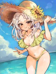  ass_visible_through_thighs bare_arms bare_legs bare_shoulders baru_4416 beach bikini blue_sky blush breasts brown_eyes cloud collarbone commentary cowboy_shot day earrings female flower frilled_bikini frills hand_on_headwear hat hat_flower jewelry long_hair long_pointy_ears looking_at_viewer mushoku_tensei navel ocean outdoors parted_bangs pointy_ears sky small_breasts smile solo stomach straw_hat swimsuit sylphiette_(mushoku_tensei) v water white_hair yellow_bikini 