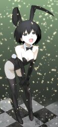  :d absurdres animal_ears artist_name bare_shoulders bent_over black_bow black_bowtie black_eyes black_gloves black_hair black_shoes black_thighhighs bob_cut bow bowtie breasts breasts_squeezed_together bunny_day checkered_floor cleavage collarbone commentary confetti detached_collar elbow_gloves empty_eyes female fishnet_pantyhose fishnets full_body gloves gradient_background green_background grey_background hair_between_eyes hands_on_own_thigh high_heels highleg highleg_leotard highres kikumaru_bunta leaning_forward leotard looking_at_viewer monogatari_(series) open_mouth oshino_ougi pale_skin pantyhose pigeon-toed playboy_bunny rabbit_ears rabbit_tail shoes short_hair signature small_breasts smile solo standing strapless strapless_leotard tail thigh_gap thighhighs thighhighs_over_pantyhose tile_floor tiles translated v_arms 