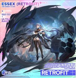 azur_lane black_gloves black_shirt black_thighhighs blue_hair breasts crop_top crossbow english_commentary essex_(azur_lane) essex_(retrofit)_(azur_lane) female full_body gloves highres holding holding_crossbow holding_weapon large_breasts long_hair official_art rigging shirt sleeveless sleeveless_shirt solo thighhighs twintails weapon yellow_eyes 