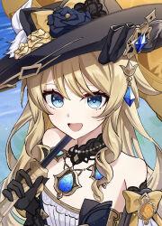  :d absurdres bare_shoulders black_gloves black_hat blonde_hair blue_eyes bow commentary dress elbow_gloves female genshin_impact gloves hat hat_bow highres jewelry long_hair looking_at_viewer navia_(genshin_impact) open_mouth pendant rishaku_(user_cuwx8758) smile solo strapless strapless_dress upper_body white_dress yellow_bow 