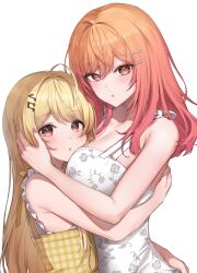  2girls absurdres ahoge blonde_hair blush breasts dress gradient_hair hair_ornament hairclip hand_on_another&#039;s_ass hand_on_another&#039;s_back hand_on_another&#039;s_face highres hololive hololive_dev_is ichijou_ririka jewelry long_hair looking_at_viewer multicolored_hair multiple_girls musical_note musical_note_hair_ornament one_side_up open_mouth orange_eyes orange_hair otonose_kanade pink_hair red_eyes shirt simple_background sleeveless sleeveless_shirt steelball_(jwk76806995) virtual_youtuber white_dress 