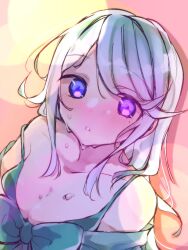  :o blue_eyes blush bow bra breasts cleavage collarbone commentary female green_bow green_bra grey_hair highres ijio kirifuji_nozomi long_hair looking_at_viewer medium_breasts nose_blush solo sweat symbol-only_commentary the_hundred_line_-last_defense_academy- underwear upper_body 