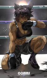  abs absurdres black_gloves black_hair black_shoes black_shorts black_sports_bra blood_on_gloves borrowed_character boxing boxing_gloves boxing_ring breasts cleavage commentary commission dark-skinned_female dark_skin english_commentary female full_body gloves gold_teeth grin hair_between_eyes hand_on_floor highres kneeling large_breasts leila_(awastedninja) looking_at_viewer midriff muscular muscular_female navel original park_ongjol paw_print scar scar_across_eye scar_on_face shoes short_hair shorts slit_pupils smile solo sports_bra sportswear tsurime yellow_eyes 