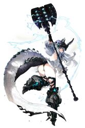  absurdres armored_boots ass black_gloves black_panties black_ribbon blue_eyes boots breasts closed_mouth collared_dress commentary detached_sleeves dragon_girl dragon_tail dress electricity female floating_hair gloves grey_hair hair_between_eyes helmet high_heel_boots high_heels highres holding holding_weapon huge_weapon large_tail long_hair looking_at_viewer mole mole_on_ass neck_ribbon original panties paringgg ribbon sideless_dress simple_background small_breasts solo tail underwear weapon white_background white_dress white_sleeves 