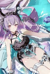  arknights bare_shoulders black_headdress black_one-piece_swimsuit female halterneck headdress highres horns long_hair looking_at_viewer one-piece_swimsuit purple_eyes purple_hair signature solo swim_ring swimsuit thigh_strap thighs typhon_(arknights) typhon_(temperature_difference)_(arknights) very_long_hair water yuuki_uyu 