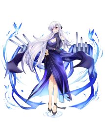  absurdres azur_lane bare_shoulders belfast_(azur_lane) belfast_(the_noble_attendant)_(azur_lane) black_shoes blue_butterfly braid breasts bug butterfly champagne_flute cleavage cocktail_dress criss-cross_halter cup dress drinking_glass elbow_gloves evening_gown female full_body gloves half_up_braid halter_dress halterneck highres large_breasts long_hair looking_at_viewer official_alternate_costume purple_eyes purple_gloves shoes simple_background solo standing variant_set very_long_hair white_background white_hair zecond 