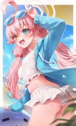  ahoge ass bikini blue_archive blue_eyes blue_jacket breasts commentary eyewear_on_head female frilled_bikini frills halo heterochromia highres hoshino_(blue_archive) hoshino_(swimsuit)_(blue_archive) jacket long_hair looking_at_viewer low_twintails matsunashi_noe oerba_yun_fang pink_hair pink_halo small_breasts solo sunglasses swimsuit twintails white_bikini yellow_eyes 