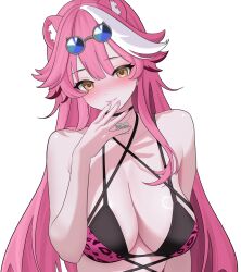  animal_ears bikini blue-tinted_eyewear breasts cleavage eyewear_on_head highres hololive hololive_english large_breasts layunaart leopard_print_bikini long_hair looking_at_viewer official_alternate_costume panther_ears panther_girl pink_bikini pink_hair raora_panthera raora_panthera_(holonatsu_paradise) round_eyewear solo sunglasses swimsuit tinted_eyewear virtual_youtuber 