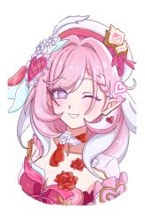  breasts cleavage commentary_request cropped_torso diamond-shaped_pupils diamond_(shape) dress earrings elf elysia_(honkai_impact) female hat heart heart_earrings highres honkai_(series) honkai_impact_3rd jewelry large_breasts long_hair looking_at_viewer multicolored_hair pink_dress pink_hair pointy_ears purple_eyes simple_background smile solo symbol-shaped_pupils two-tone_hair very_long_hair vlh3tu white_background white_hair white_hat 