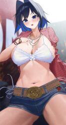  belt belt_buckle black_hair blue_eyes blue_hair blue_nails blue_shorts blush bracelet breasts brown_belt buckle cleavage collarbone colored_inner_hair denim denim_shorts female hair_intakes hand_on_own_chest highres hololive hololive_english jewelry lips multicolored_hair navel necklace open_clothes open_mouth open_shirt ouro_kronii plaid_clothes plaid_shirt raeis red_shirt shirt short_hair shorts solo stomach virtual_youtuber 