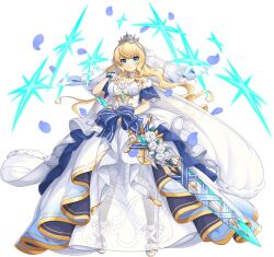 arthur_(legend_clover) artist_request bare_shoulders blonde_hair blue_bow blue_eyes bow breasts bridal_veil cleavage detached_sleeves dress falling_petals female flower full_body game_cg hand_on_own_chest highres holding holding_sword holding_weapon legend_clover light_smile official_alternate_costume official_art petals solo star_(symbol) sword third-party_source transparent_background veil weapon wedding_dress white_flower 