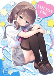  black_thighhighs blue_eyes blush bow breasts brown_hair closed_mouth female grey_sailor_collar grey_shirt hair_ornament hair_scrunchie highres looking_at_viewer medium_hair nanohana_kohina original pink_bow pleated_skirt sailor_collar school_uniform scrunchie shirt shoes short_sleeves skirt solo thighhighs thighs white_shirt 