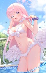  absurdres akovo bikini blue_archive blue_sky blush breasts chain-link_fence choker cleavage cloud cloudy_sky commentary_request day feathered_wings female fence frilled_bikini frilled_bikini_bottom frilled_bikini_top frills gradient_eyes halo hands_up highres large_breasts long_hair looking_at_viewer low_wings mika_(blue_archive) mika_(swimsuit)_(blue_archive) multi-strapped_bikini_bottom multicolored_eyes navel official_alternate_costume official_alternate_hairstyle open_mouth pink_hair pink_halo pool scrunchie sky smile solo stomach swimsuit thighs water wet white_bikini white_choker white_wings wing_ornament wings wrist_scrunchie 