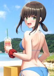  :d ass beach bikini black_hair blue_bikini blurry blurry_background breasts commentary_request cup disposable_cup drinking_straw female from_behind fubuki_(kancolle) highres holding holding_cup ichikawa_feesu kantai_collection long_hair looking_back low_ponytail medium_breasts open_mouth outdoors ponytail short_ponytail side-tie_bikini_bottom sideboob smile solo swimsuit 