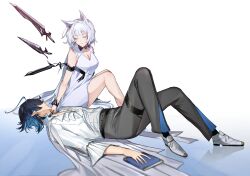  1boy absurdres arknights breasts cat_girl english_commentary female fish_boy green_eyes highres kyona_7898 long_hair lumen_(arknights) lumen_(golden_dream)_(arknights) lying official_alternate_costume rosmontis_(arknights) rosmontis_(become_anew)_(arknights) 