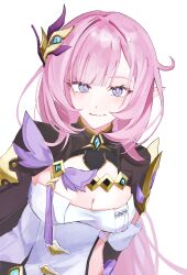  black_shrug blue_eyes breasts cleavage closed_mouth commentary elysia_(honkai_impact) elysia_(miss_pink_elf)_(honkai_impact) female hair_ornament highres honkai_(series) honkai_impact_3rd long_hair looking_at_viewer medium_breasts pink_hair pink_pupils shirt shrug_(clothing) simple_background smile solo suzu_(0943_su) symbol-only_commentary upper_body very_long_hair white_background white_shirt 