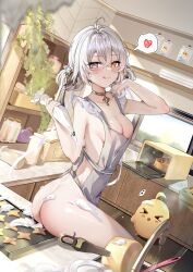 :3 :q absurdres ahoge apron ass atelier_(series) atelier_ryza atelier_ryza_3 azur_lane backless_outfit blush bottle breasts cabinet cleavage collarbone commentary cookie cream dutch_angle female flour food food_on_body frilled_apron frills from_side gold_choker grey_apron grey_eyes hair_between_eyes hair_ornament hands_up heart heterochromia highres holding holding_pastry_bag indoors jar kala_ideas kala_ideas_(chief_turned_chef) kitchen lens_flare licking_lips light_particles manjuu_(azur_lane) medium_breasts milk_bottle naked_apron official_alternate_costume oven pastry_bag plant plate short_hair sijinni sink sitting smoke spoken_heart tassel tassel_hair_ornament thighs tile_floor tiles tongue tongue_out tray utensil water white_hair window yellow_eyes 