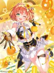  ;d ahoge balloon black_gloves black_shoes blush commentary_request copyright_notice crop_top earrings female flower flower_earrings frilled_skirt frills gloves glowstick gold_trim green_eyes hairband holding holding_microphone honma_himawari idol_clothes jewelry leg_up microphone nijisanji nijisanji_idol_uniform official_art one_eye_closed orange_brooch orange_hair outstretched_arm sample_watermark shoes skirt smile solo star_(symbol) streamers sunflower teeth tongue upper_teeth_only virtual_youtuber wasabi_(sekai) watermark white_hairband white_skirt yellow_flower yellow_theme 
