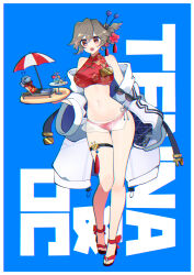  1boy absurdres ant_tenna ant_tenna_(sphinx) arms_behind_head beach_umbrella bendy_straw bikini bikini_bottom_only border bow breasts brown_hair chromatic_aberration coat crt cup deltarune drinking_glass drinking_straw electric_plug electric_plug_tail emblem female flower fre_dddddd full_body green_shorts hair_between_eyes hair_flower hair_ornament hawaiian_shirt hibiscus highres holding holding_tray large_breasts lying mini_person miniboy navel object_head oc_x_canon off_shoulder original red_bikini red_bow red_eyes red_shirt shirt shorts size_difference sunglasses swimsuit table tail thigh_strap tray umbrella unworn_eyewear updo white_border white_coat 