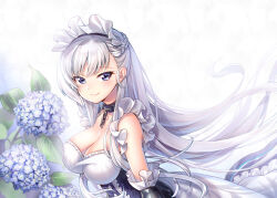  azur_lane bare_shoulders belfast_(azur_lane) braid breasts broken broken_chain chains cleavage commentary_request dress female flower frilled_gloves frills gloves half_up_braid highres large_breasts light_smile long_hair looking_at_viewer maid_headdress purple_eyes purple_flower shirushi simple_background solo upper_body very_long_hair white_background white_dress white_hair 