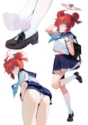  absurdres ahoge ass black_shoes blue_archive blue_neckerchief blue_sailor_collar blue_skirt commentary double_bun feet female from_behind hair_bun highres loafers looking_at_viewer maki_(blue_archive) multiple_views neckerchief painterliuhao panties pleated_skirt red_hair sailor_collar school_uniform serafuku shoes simple_background skirt socks soles standing standing_on_one_leg toes underwear white_background white_panties white_socks 