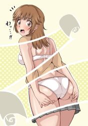  ^^^ amagami ass_support blush bra breasts brown_eyes brown_hair brown_sweater commentary_request cowboy_shot female from_behind grey_skirt hands_on_own_ass highres jishaku_(user_rcuz2843) kibito_high_school_uniform long_sleeves looking_back medium_hair open_mouth panties pleated_skirt revealing_layer sakurai_rihoko school_uniform shoulder_blades skirt surprised sweater thighs translated underwear white_bra white_panties x-ray_vision 